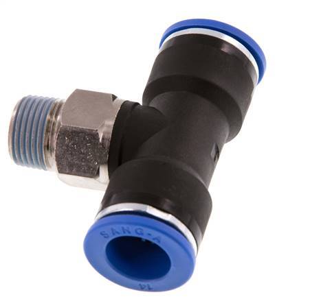 14mm x R3/8'' inline T-stuk Messing/PA 66 Insteekfitting Buitendraad Draaibaar NBR