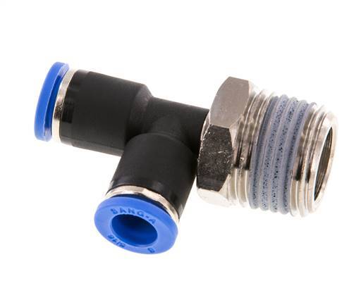 8mm x R1/2'' rechte hoek T-stuk Messing/PA 66 Insteekfitting Buitendraad Draaibaar NBR