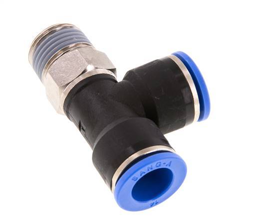 14mm x R1/2'' rechte hoek T-stuk Messing/PA 66 Insteekfitting Buitendraad Draaibaar NBR
