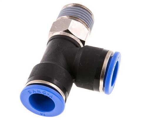 14mm x R1/2'' rechte hoek T-stuk Messing/PA 66 Insteekfitting Buitendraad Draaibaar NBR