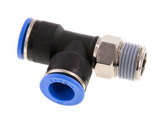 14mm x R1/2'' rechte hoek T-stuk Messing/PA 66 Insteekfitting Buitendraad Draaibaar NBR