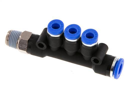 4mm x 6mm x R1/8'' 3-way Manifold Messing/PA 66 Insteekfitting Buitendraad Draaibaar NBR