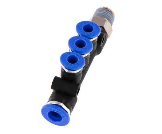 4mm x 6mm x R1/8'' 3-way Manifold Messing/PA 66 Insteekfitting Buitendraad Draaibaar NBR