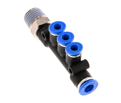 4mm x 6mm x R1/4'' 3-way Manifold Messing/PA 66 Insteekfitting Buitendraad Draaibaar NBR