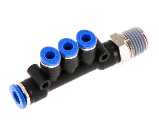 4mm x 6mm x R1/4'' 3-way Manifold Messing/PA 66 Insteekfitting Buitendraad Draaibaar NBR