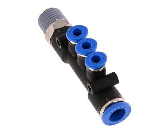 4mm x 8mm x R1/4'' 3-way Manifold Messing/PA 66 Insteekfitting Buitendraad Draaibaar NBR