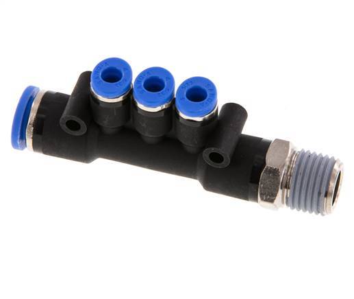 4mm x 8mm x R1/4'' 3-way Manifold Messing/PA 66 Insteekfitting Buitendraad Draaibaar NBR