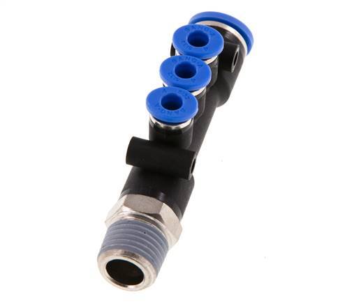 4mm x 8mm x R1/4'' 3-way Manifold Messing/PA 66 Insteekfitting Buitendraad Draaibaar NBR