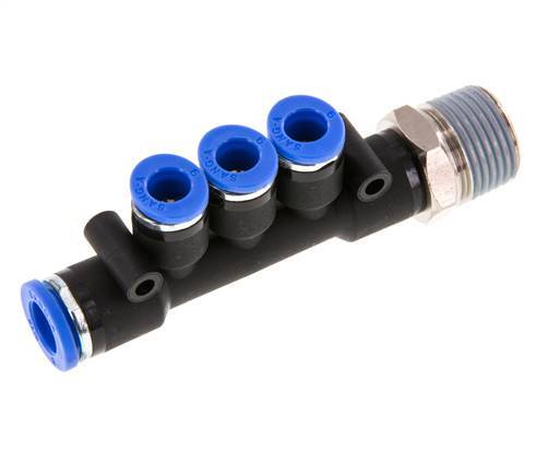 6mm x 8mm x R3/8'' 3-way Manifold Messing/PA 66 Insteekfitting Buitendraad Draaibaar NBR