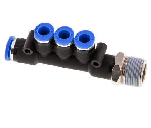 6mm x 8mm x R3/8'' 3-way Manifold Messing/PA 66 Insteekfitting Buitendraad Draaibaar NBR