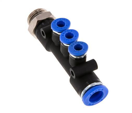 4mm x 8mm x G1/4'' 3-way Manifold Messing/PA 66 Insteekfitting Buitendraad Draaibaar NBR