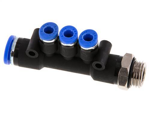 4mm x 8mm x G1/4'' 3-way Manifold Messing/PA 66 Insteekfitting Buitendraad Draaibaar NBR