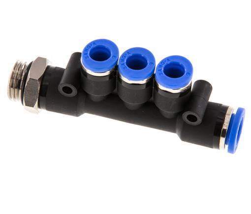 6mm x 8mm x G1/4'' 3-way Manifold Push-in Fitting with Male Threads Brass/PA 66 NBR Rotatable