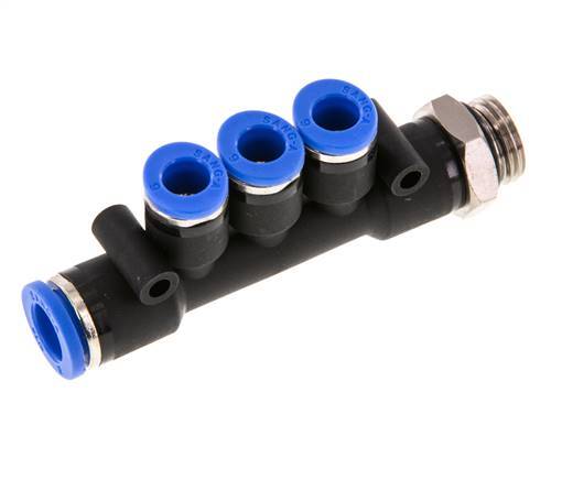 6mm x 8mm x G1/4'' 3-way Manifold Messing/PA 66 Insteekfitting Buitendraad Draaibaar NBR