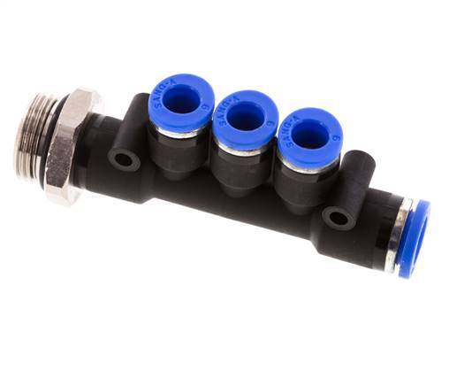 6mm x 8mm x G3/8'' 3-way Manifold Messing/PA 66 Insteekfitting Buitendraad Draaibaar NBR