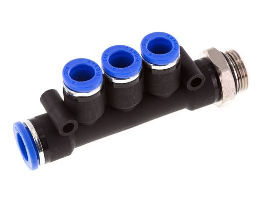 8mm x 10mm x G3/8'' 3-way Manifold Messing/PA 66 Insteekfitting Buitendraad Draaibaar NBR