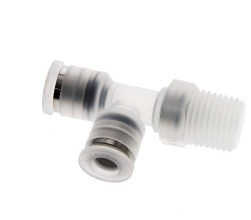 6mm x R1/4'' rechte hoek T-stuk PA Insteekfitting Buitendraad FDA Draaibaar EPDM