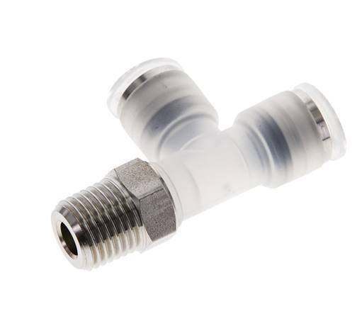 8mm x R1/4'' rechte hoek T-stuk PA/RVS Insteekfitting Buitendraad FDA Draaibaar EPDM
