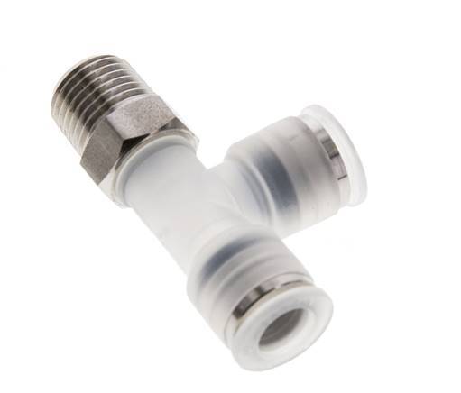 8mm x R1/4'' rechte hoek T-stuk PA/RVS Insteekfitting Buitendraad FDA Draaibaar EPDM