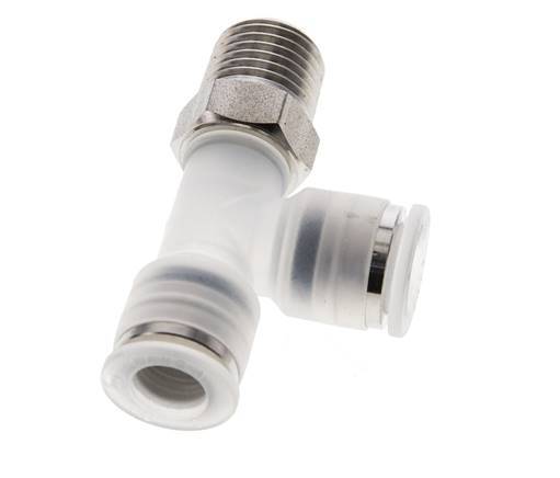 8mm x R1/4'' rechte hoek T-stuk PA/RVS Insteekfitting Buitendraad FDA Draaibaar EPDM