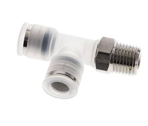8mm x R1/4'' rechte hoek T-stuk PA/RVS Insteekfitting Buitendraad FDA Draaibaar EPDM