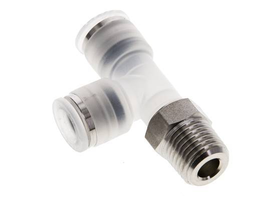 8mm x R1/4'' rechte hoek T-stuk PA/RVS Insteekfitting Buitendraad FDA Draaibaar EPDM