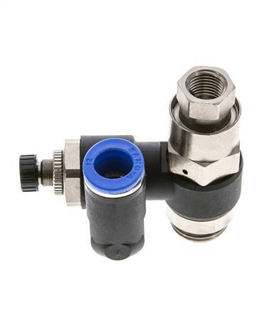Flow Control Silencer Meter-Out Rotatable 12 mm - G1/2''-G1/4'' Brass/PA 66 with Pilot Operated Check Valve