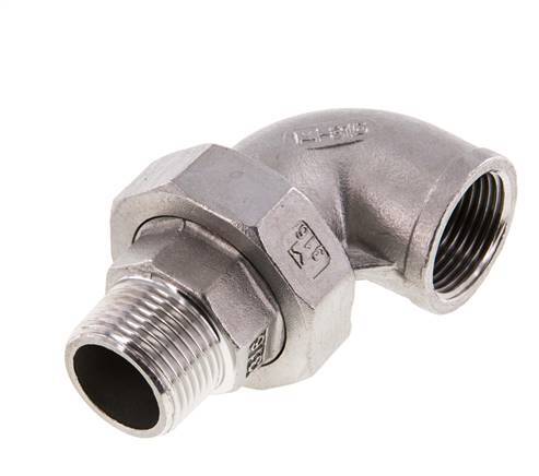90° L-Koppeling Unieaansluiting 3/4" Buitendraad R X Binnendraad Rp RVS Vlakke Afdichting PTFE 16bar