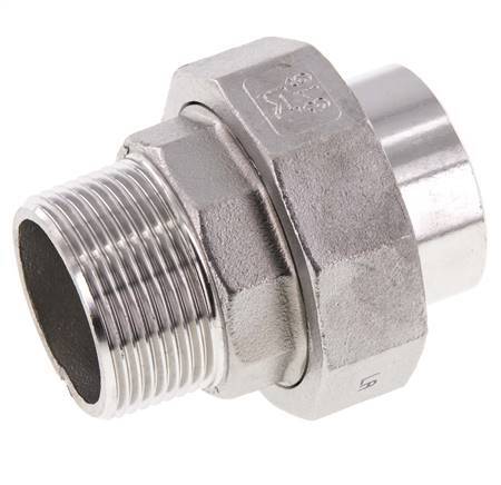 Rechte Koppeling R1 1/4" Buitendraad X 42,4mm met Laseinde In RVS met Vlakke Afdichting PTFE 16bar