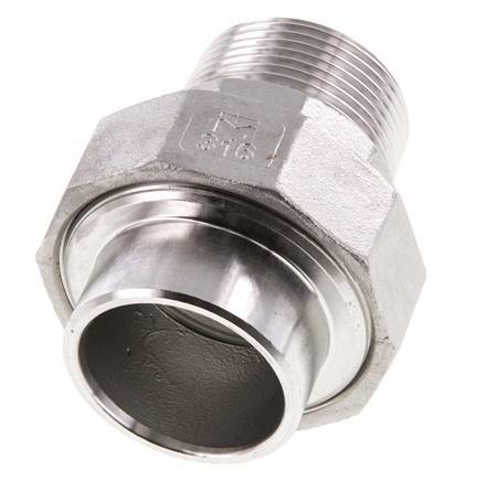Rechte Koppeling R1 1/4" Buitendraad X 42,4mm met Laseinde In RVS met Vlakke Afdichting PTFE 16bar