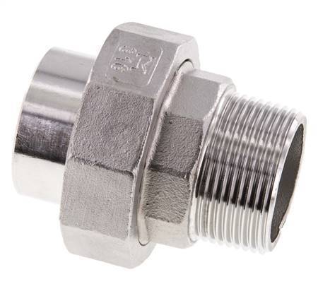 Rechte Koppeling R1 1/4" Buitendraad X 42,4mm met Laseinde In RVS met Vlakke Afdichting PTFE 16bar