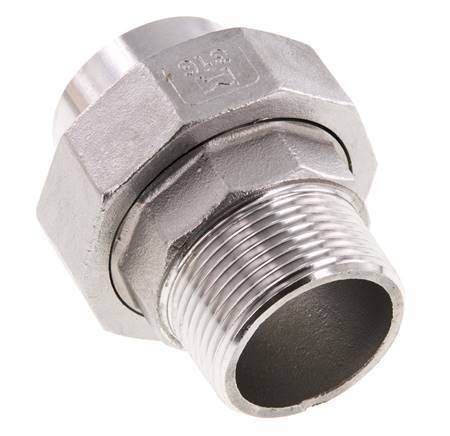 Rechte Koppeling R1 1/4" Buitendraad X 42,4mm met Laseinde In RVS met Vlakke Afdichting PTFE 16bar