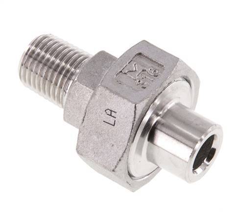 Rechte Koppeling R1/4" Buitendraad X 13,5mm met Laseinde In RVS met Vlakke Afdichting PTFE 16bar