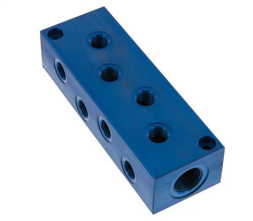 2xG 1/2'' x 8xG 1/4'' Aluminium Verdeelblok Eenzijdig 16 Bar