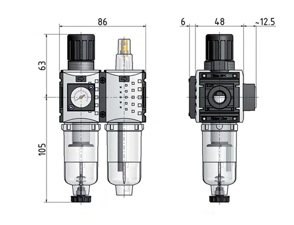 FRL 2-Part G1/4'' 800 l/min 0.2-4.0bar/3-58psi Auto (Closed Without Pressure) Polycarbonate Futura 0