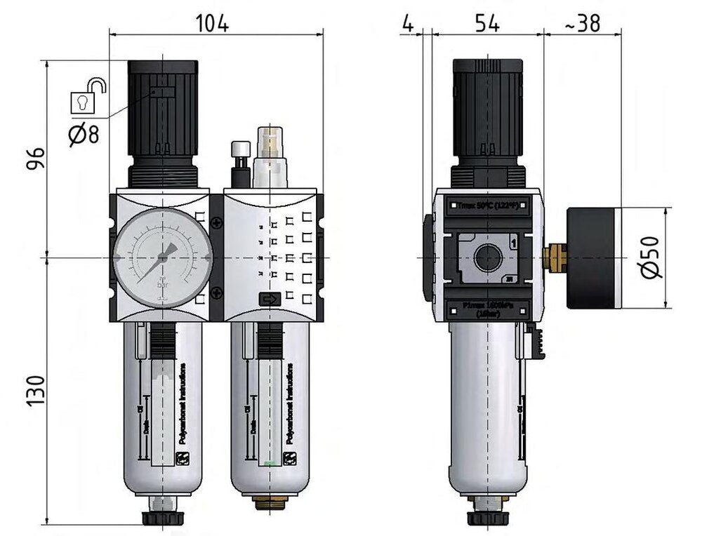 FRL 2-Delig G3/8'' 1750l/min 0.1-2.0bar/1-29psi Auto Polycarbonaat Futura 1