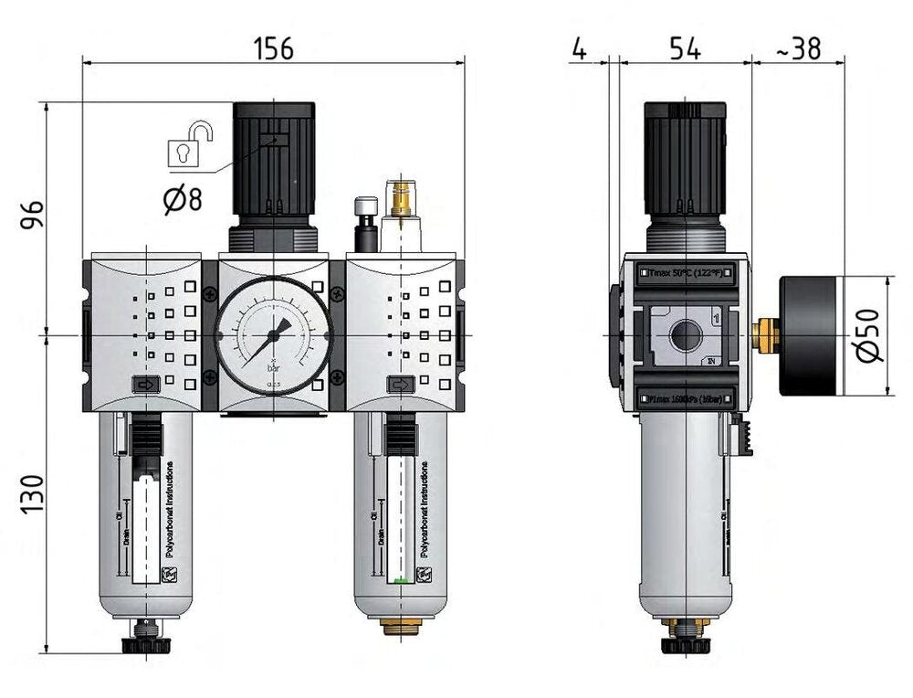 FRL 3-Part G1/4'' 1750 l/min 0.5-8.0bar/7-116psi Auto Polycarbonate Futura 1