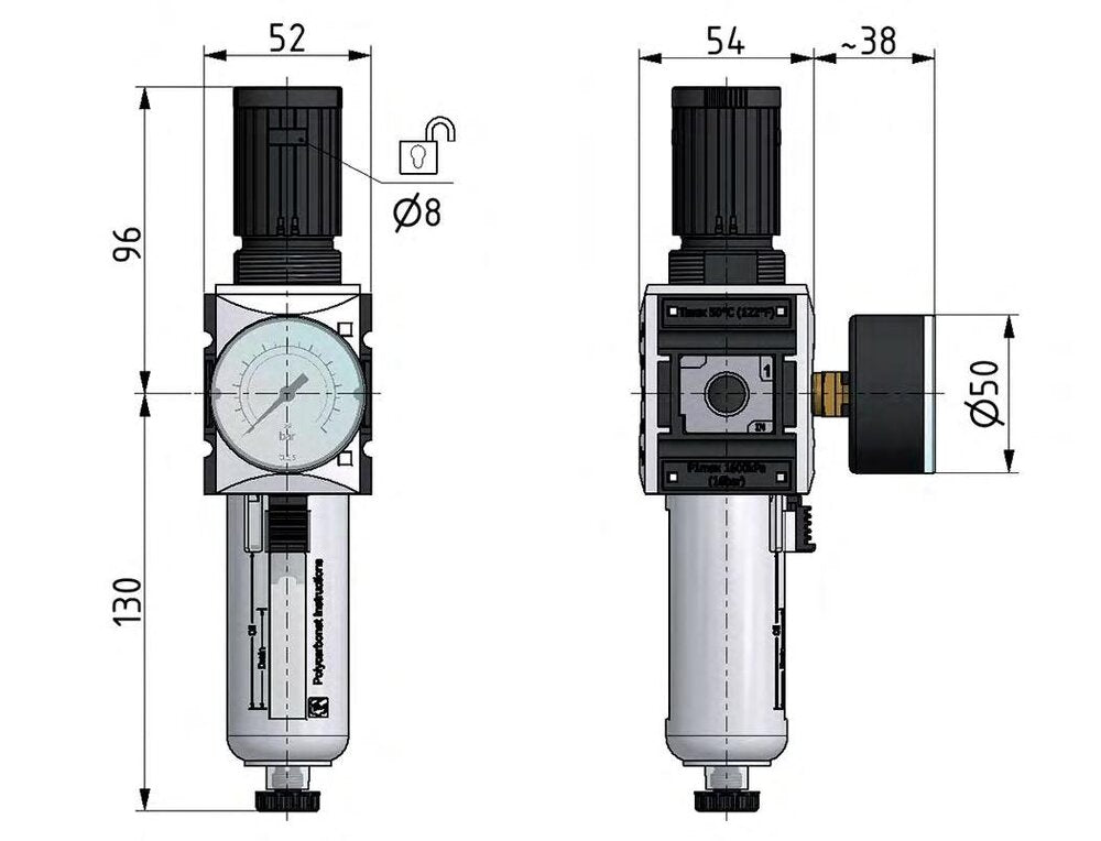Filter-Regulator G1/4'' 2000 l/min 0.5-10.0bar/7-145psi Semi-Auto Polycarbonate Futura 1