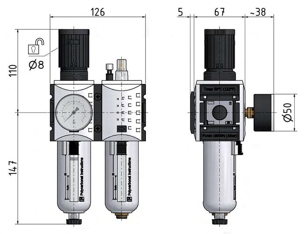 FRL 2-Delig G3/8'' 3500l/min 0.5-10.0bar/7-145psi Semi-Automatisch Polycarbonaat Futura 2