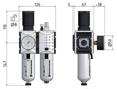 FRL 2-Delig G3/8'' 3500l/min 0.5-8.0bar/7-116psi Semi-Automatisch Polycarbonaat Futura 2