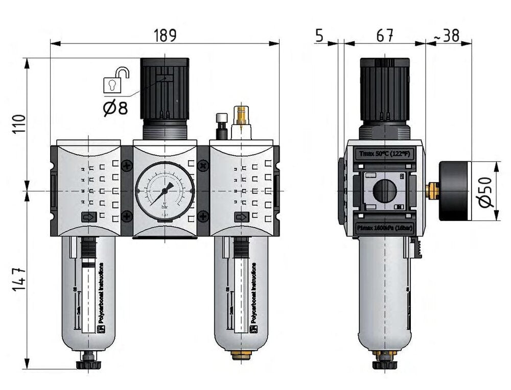 FRL 3-Part G1/2'' 3500 l/min 0.1-2.0bar/1-29psi Auto Polycarbonate Futura 2