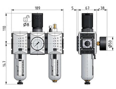 FRL 3-Part G3/8'' 3500 l/min 0.5-8.0bar/7-116psi Semi-Auto Polycarbonate Futura 2