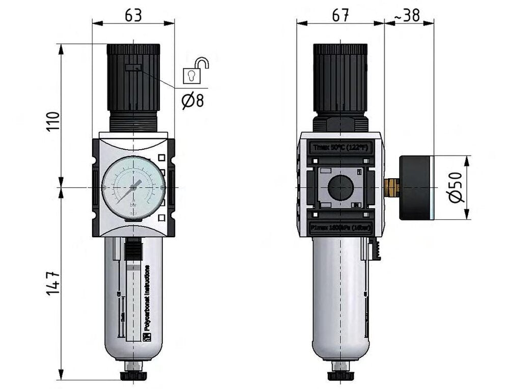 Filter-Regulator G3/8'' 4500 l/min 0.5-16.0bar/7-232psi Auto Polycarbonate Futura 2
