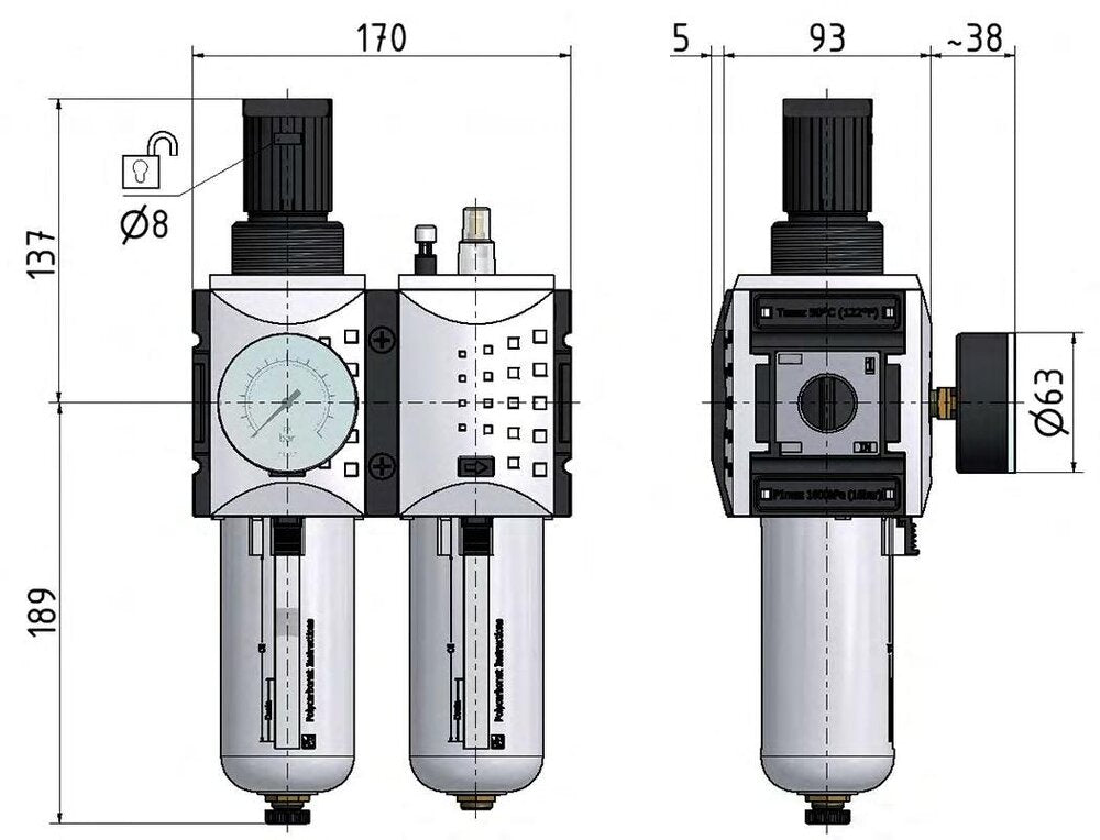 FRL 2-Delig G3/4'' 12000l/min 0.5-8.0bar/7-116psi Auto Polycarbonaat Futura 4