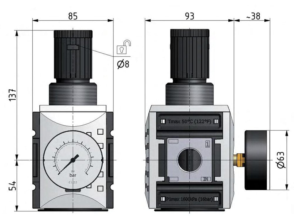 Drukregelaar G1'' 14200l/min 0.5-10.0bar/7-145psi PA Futura 4