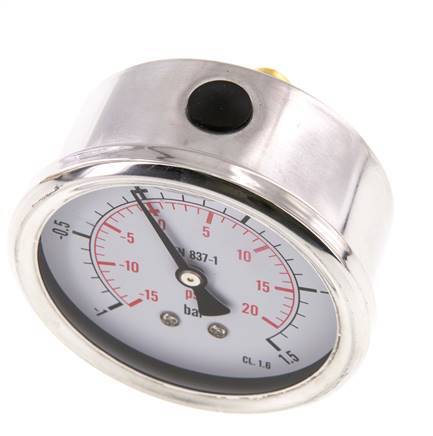 -1..1.5 Bar (-15..22 psi) Glycerin Pressure Gauge Rear Stainless steel/Brass 63 mm Class 1.6