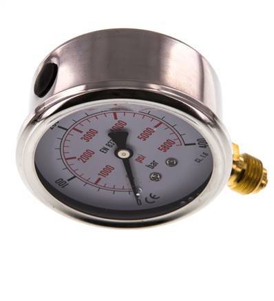 0..400 Bar Glycerine Manometer RVS/Messing 63 mm Klasse 1.6 Onderaansluiting