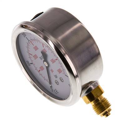 0..400 Bar Glycerine Manometer RVS/Messing 63 mm Klasse 1.6 Onderaansluiting