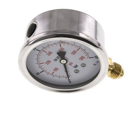 0..40 Bar Glycerine Manometer RVS/Messing 63 mm Klasse 1.6 Onderaansluiting