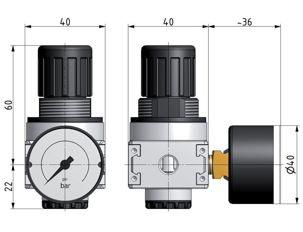 Drukregelaar G1/4'' 1450l/min 0.2-6.0bar/3-87psi 40 mm Manometer Multifix 0